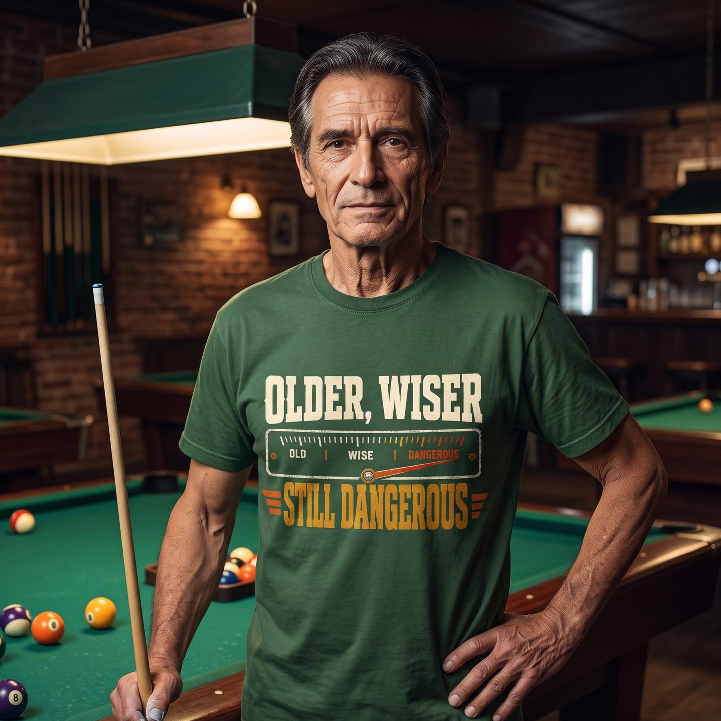 Vintage T-shirt with Older. Wiser. Still Dangerous printed front graphic design