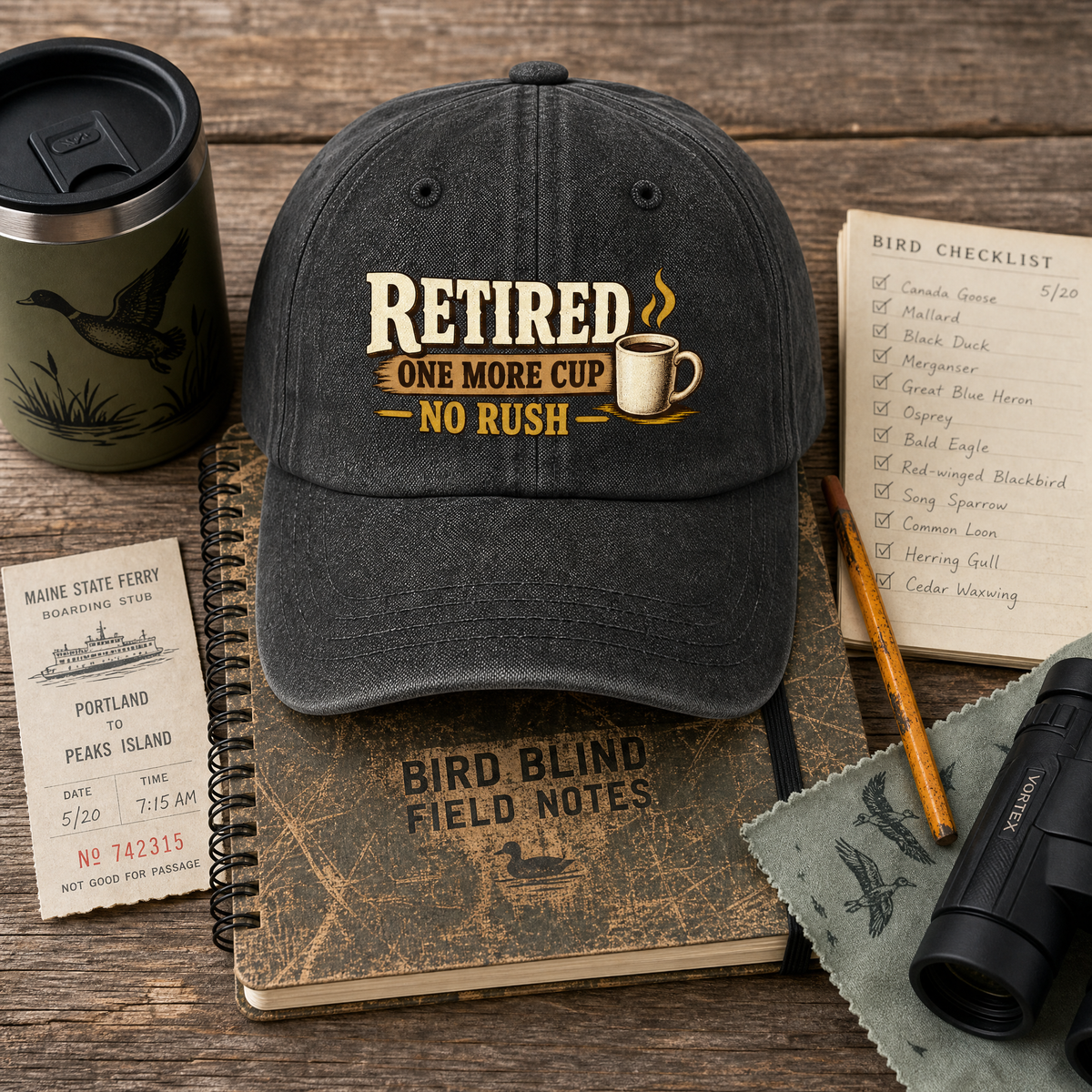 "Retired. One More Cup. No Rush" Vintage Washed Cap