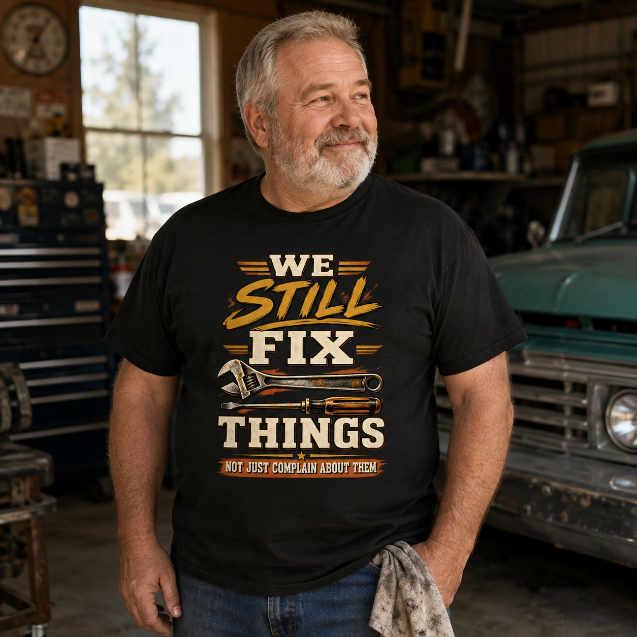 A man with a gray beard wearing a black graphic t-shirt in a garage setting. The t-shirt features a yellow and white graphic that reads 'WE STILL FIX THINGS NOT JUST COMPLAIN ABOUT THEM' with wrench and screwdriver illustrations.