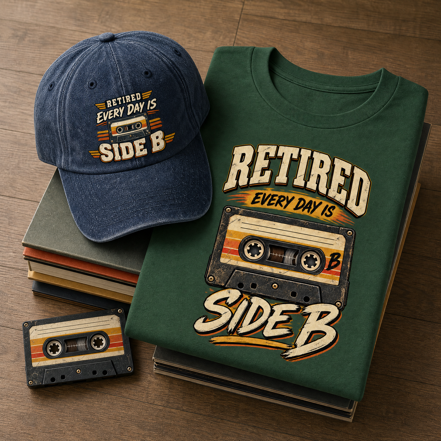 A folded dark green T-shirt and a navy blue baseball cap, both printed with the phrase 'RETired EVERY DAY IS SIDE B' and a retro cassette tape graphic, arranged on a wooden surface with stacked books and a small cassette illustration.