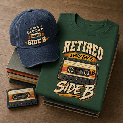A folded dark green T-shirt and a navy blue baseball cap, both printed with the phrase 'RETired EVERY DAY IS SIDE B' and a retro cassette tape graphic, arranged on a wooden surface with stacked books and a small cassette illustration.
