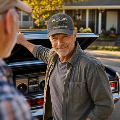 A smiling man in a gray button-up shirt and a dark gray baseball cap with 'OLD CARS COLLECTED HOUSE WORTH MEMORIES' embroidered on it stands by an open trunk of a classic car in a sunny residential setting.