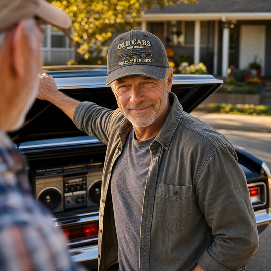 A smiling man in a gray button-up shirt and a dark gray baseball cap with 'OLD CARS COLLECTED HOUSE WORTH MEMORIES' embroidered on it stands by an open trunk of a classic car in a sunny residential setting.