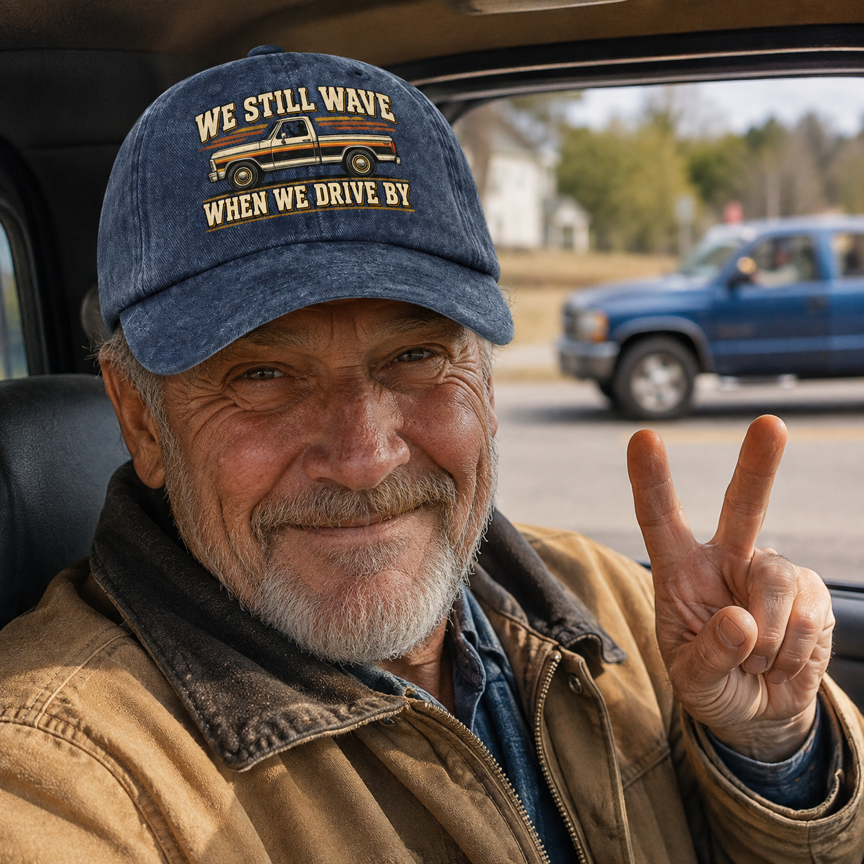 An older man sitting in a car window seat wearing a blue baseball cap with embroidered text and a truck graphic that reads 'WE STILL WAVE WHEN WE DRIVE BY'. He is smiling and making a peace sign, with a blurred blue truck and outdoor background visible through the car window.
