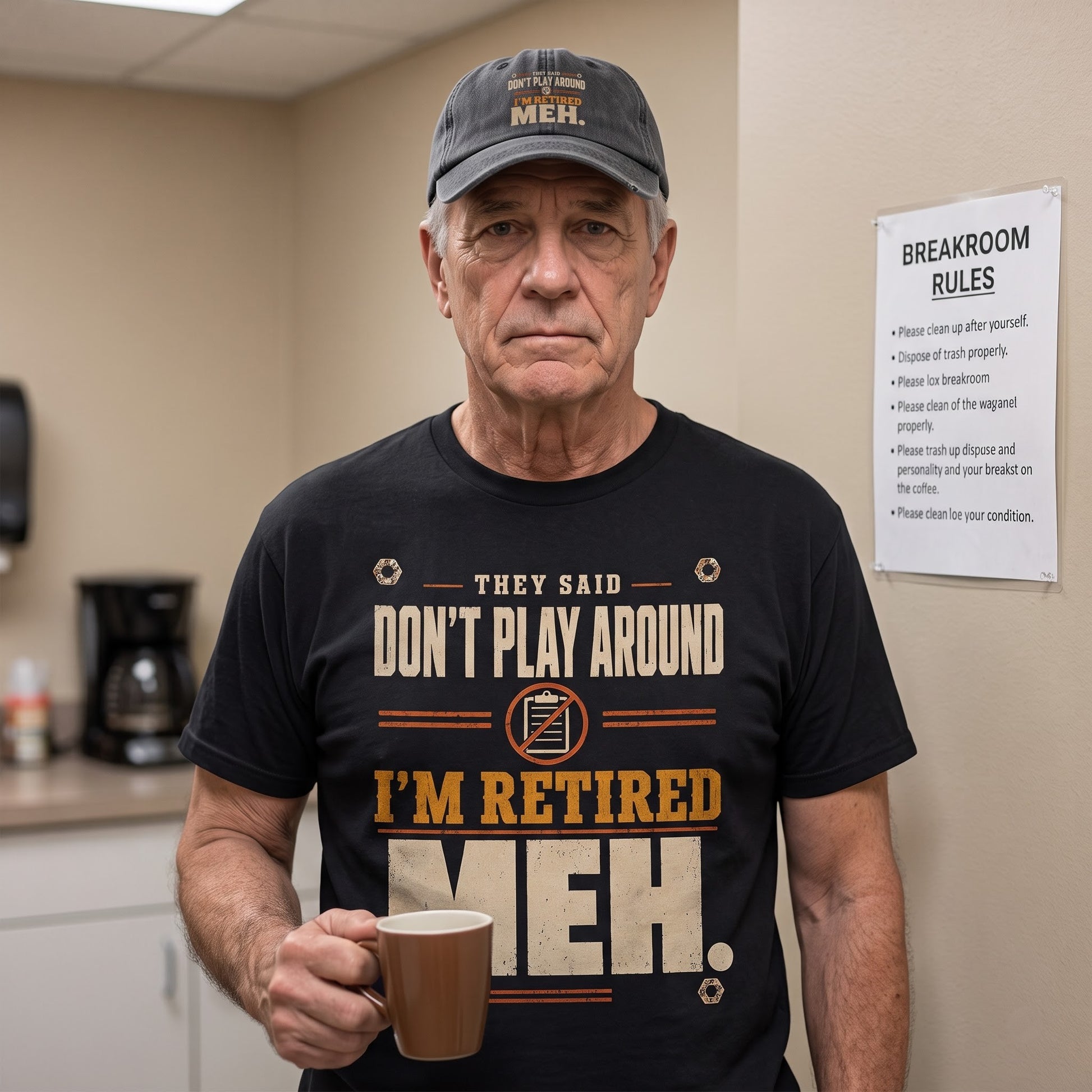 Casual vintage T-shirt with They Said Don't Play Around. I'm Retired. Meh printed design detail