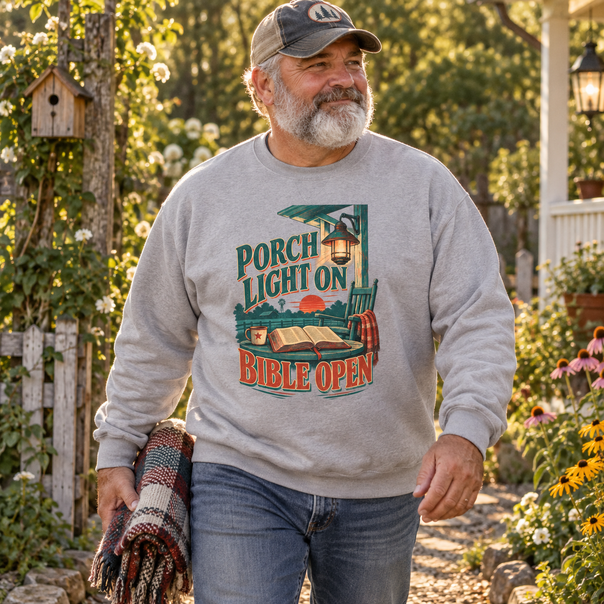"Porch Light On. Bible Open" Vintage Sweatshirt
