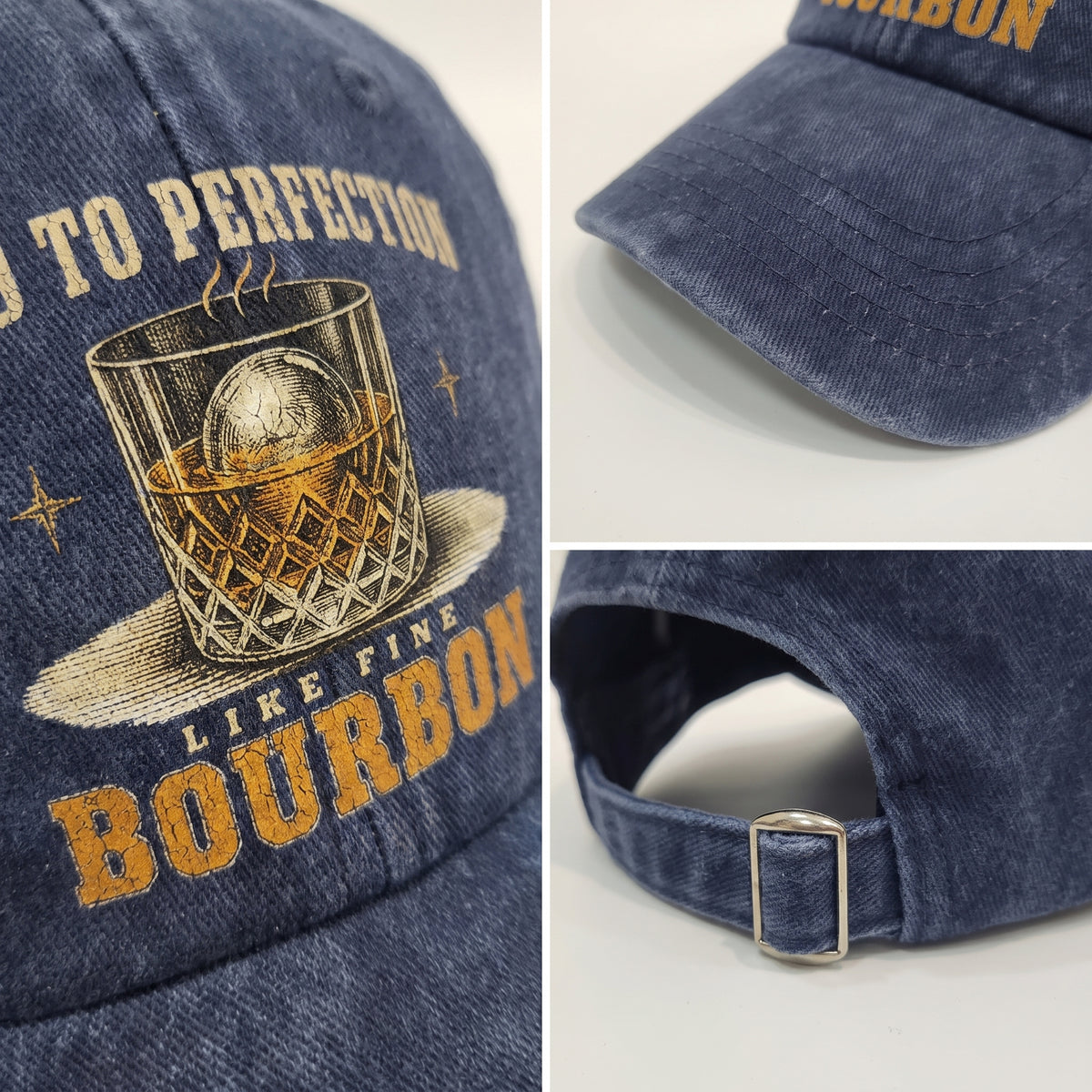 Navy bourbon cap detail collage showing printed front graphic, brim, and back buckle