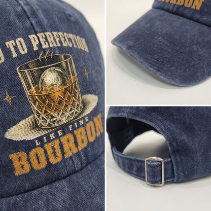 Navy bourbon cap detail collage showing printed front graphic, brim, and back buckle