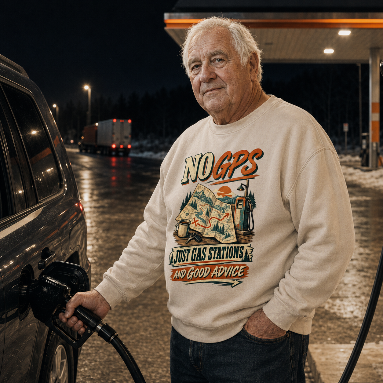 "No GPS Just Gas Stations And Good Advice" Vintage Sweatshirt