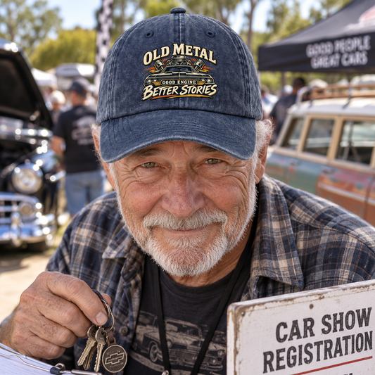 "Old Metal. Good Engine Better Stories" Vintage Washed Cap