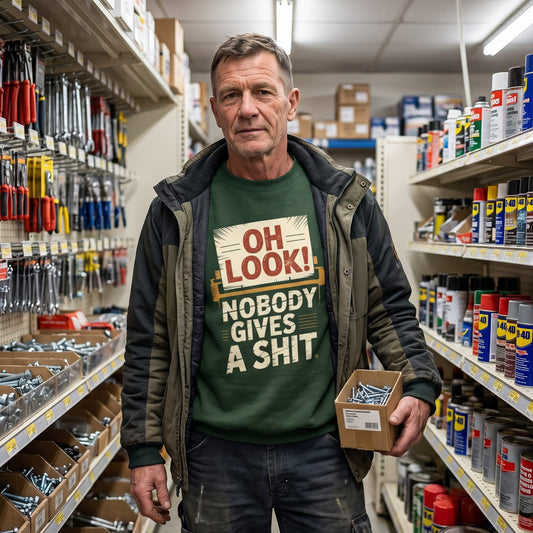 Man in forest green sweatshirt holding hardware box in store aisle