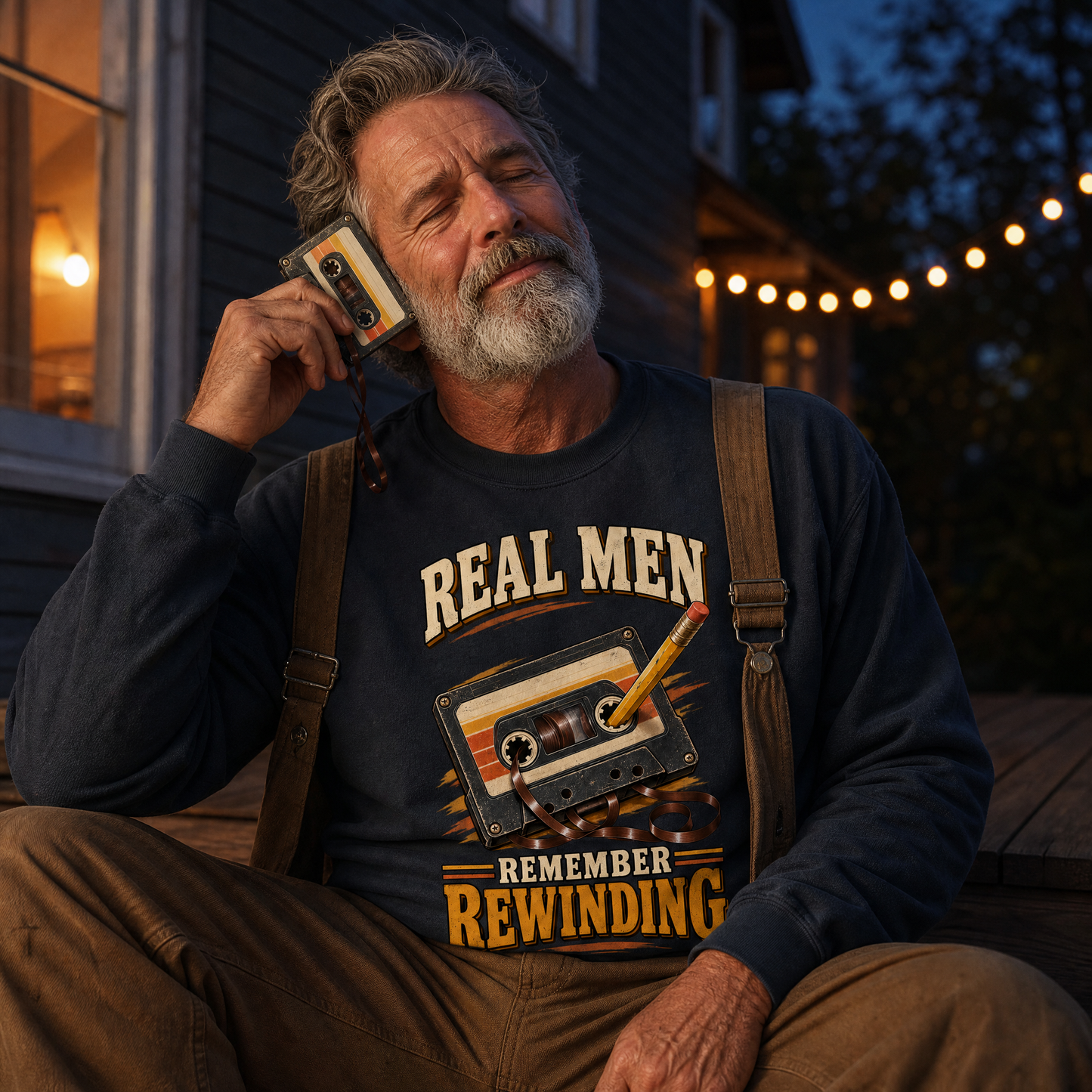 A man wearing a navy graphic sweatshirt sits outdoors at dusk, holding a cassette tape to his ear as if on a phone. The sweatshirt features a retro cassette graphic with the text 'REAL MEN REMEMBER REWINDING' in beige and yellow.