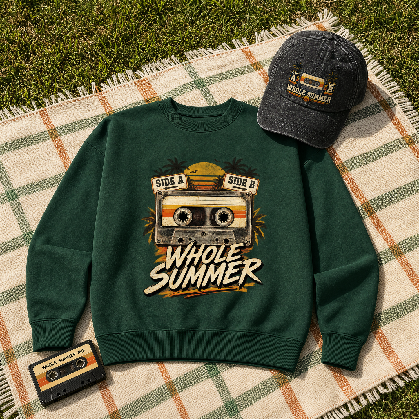  product-led shot with the "Side A Side B Whole Summer" vintage sweatshirt and cap as the center of the frame spread flat on a picnic blanket on the grass, the fabric lying flat with a soft shadow under it, a cassette lying flat beside it