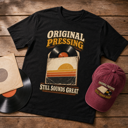 A black graphic T-shirt laid flat on a rustic wood surface, featuring the words 'ORIGINAL PRESSING' and 'STILL SOUNDS GREAT' around a vinyl record and cassette illustration. A matching burgundy baseball cap and vinyl records are placed beside it as styled props.