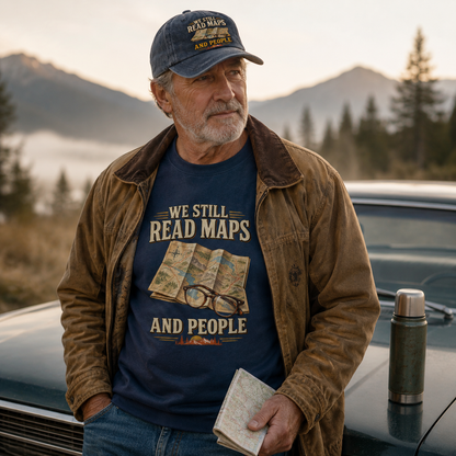 believable older man around 62 with weathered skin, gray stubble, and a worn work jacket wearing the "We Still Read Maps And People" vintage sweatshirt and cap on a cool morning by the car, folded map in hand, thermos on the hood, chest print fully visible and readable, no map, thermos, or car edge blocking the design