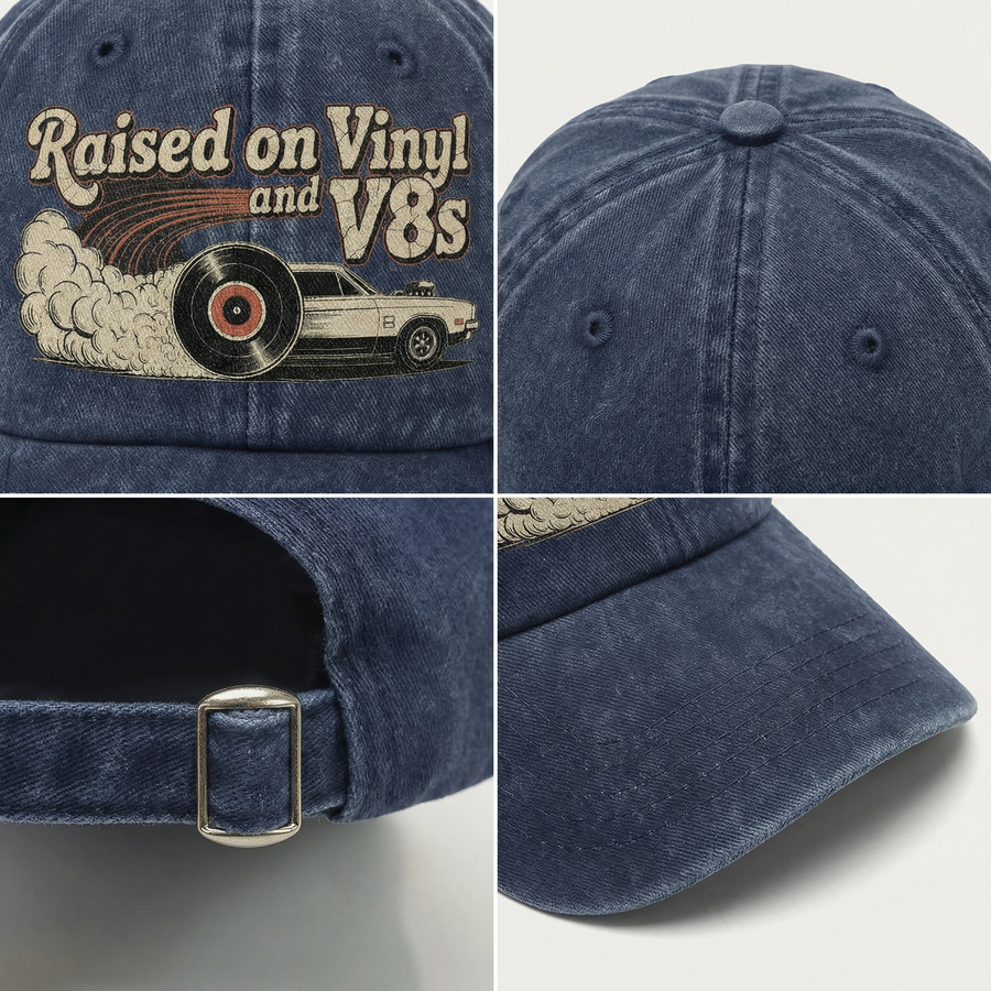 Navy cap detail collage showing Raised on Vinyl and V8s printed design