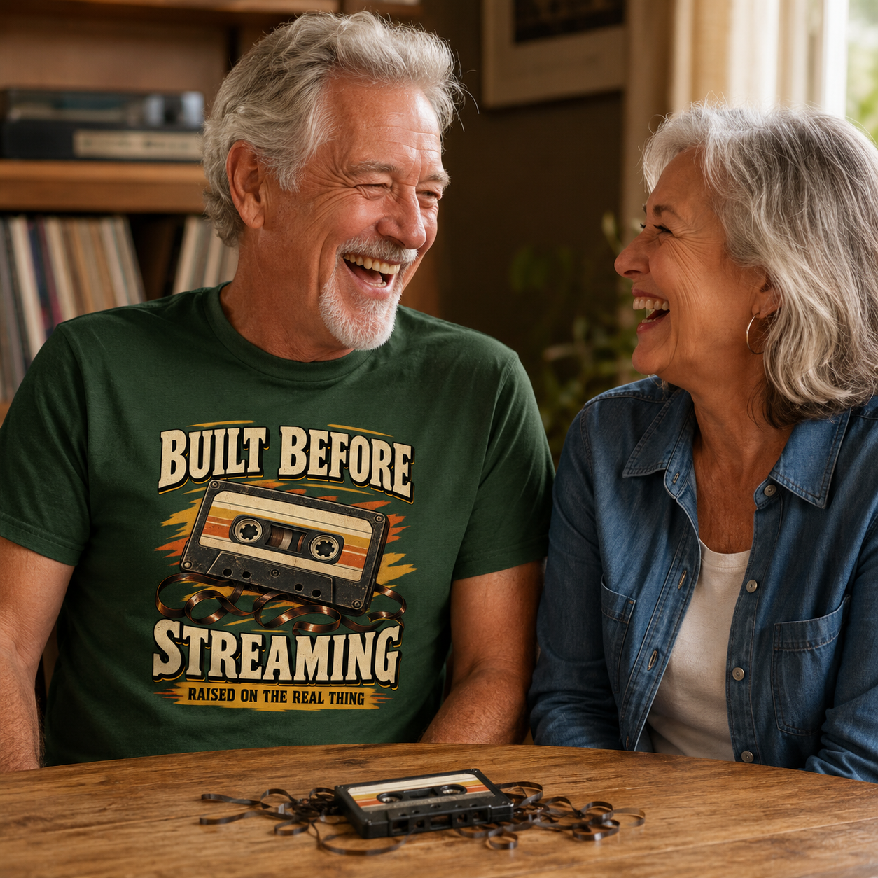 believable older man and woman, two old friends, sitting at a table laughing over a chewed cassette tape, the man wearing the "Built Before Streaming Raised On The Real Thing" vintage t-shirt, chest print fully readable, no tape, table, or hands covering the design