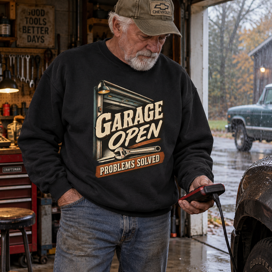 "Garage Open. Problems Solved" Vintage Sweatshirt