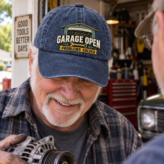 "Garage Open. Problems Solved" Vintage Washed Cap