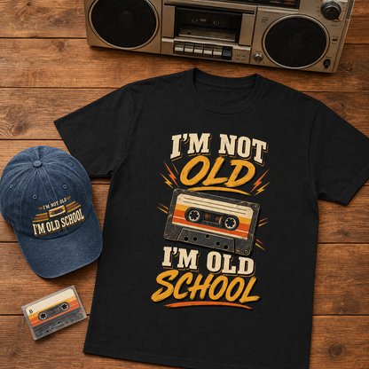 A black graphic T-shirt laid flat on a wooden surface, styled with a blue baseball cap and a cassette tape. The shirt reads “I'M NOT OLD I'M OLD SCHOOL” with a retro cassette graphic in cream, yellow, orange, and gray.