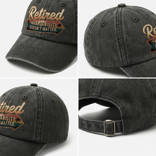 “Retired. What Day Is It? Doesn’t Matter.” Vintage Sunset Neon Style Cap