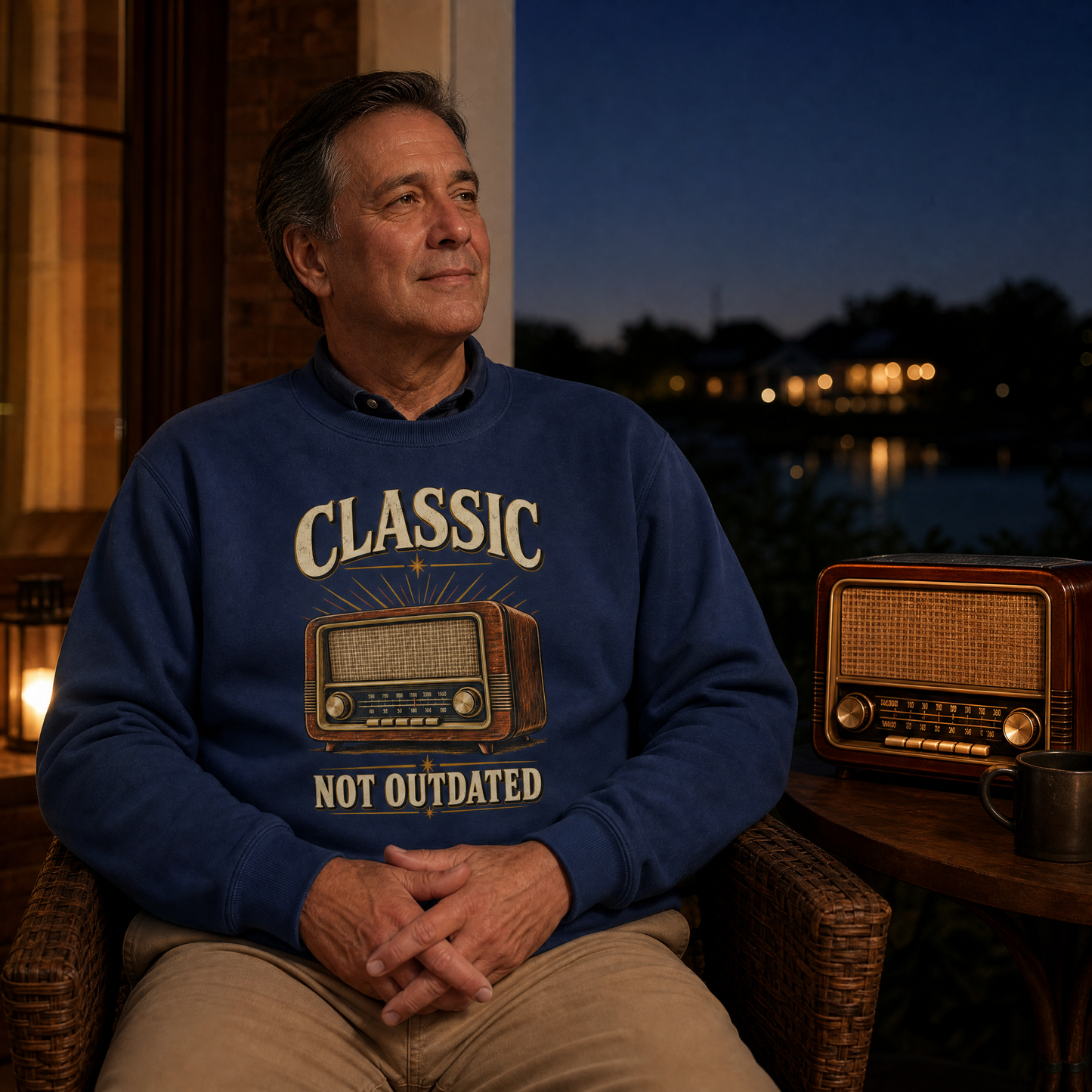 older man in his late 50s with dark hair graying at the temples, clean-shaven, and a soft build, wearing a polo shirt and the "Classic. Not Outdated" vintage sweatshirt as his outer layer, long sleeves clearly visible, on a cool evening, sitting in a chair, the radio warming up on the side table