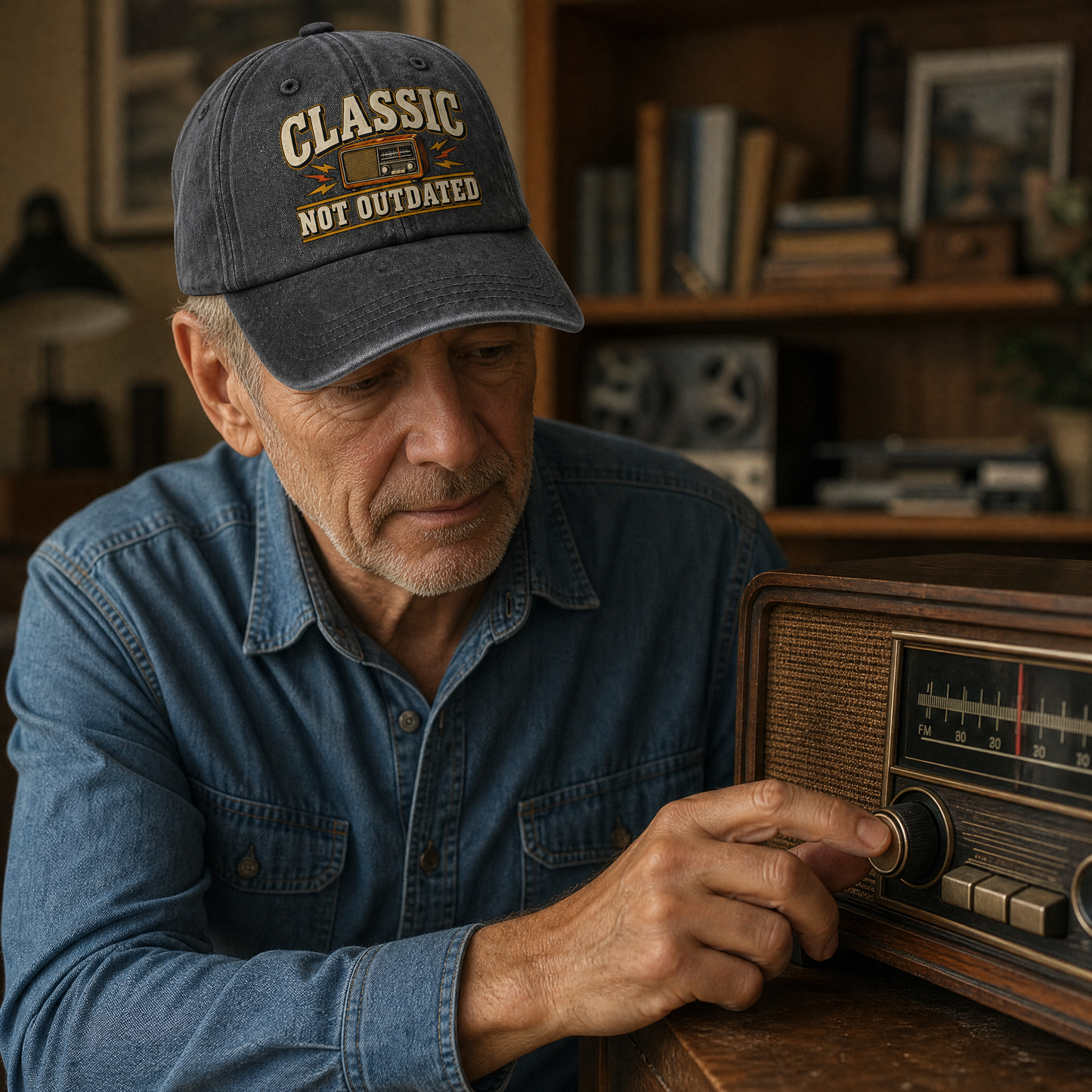 An older man wearing a dark gray baseball cap with the text 'CLASSIC NOT OUTDATED' in beige and blue, paired with a blue denim shirt, adjusting the dial on a vintage wooden radio in a cozy, book-filled room.