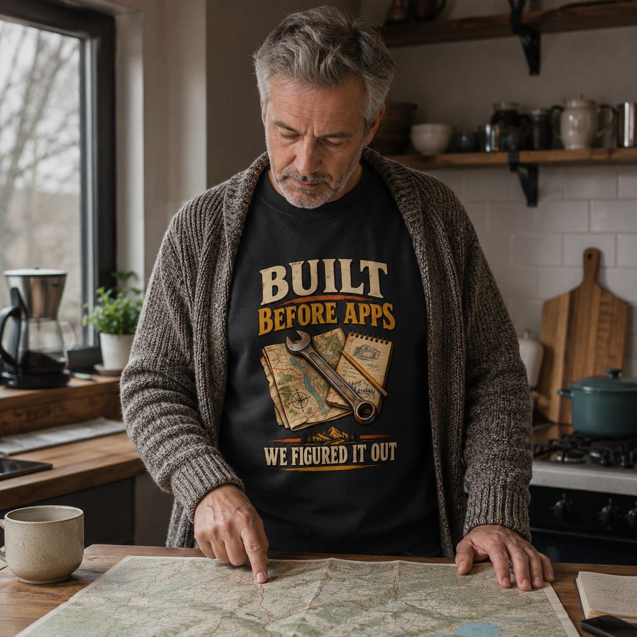 An older man in a kitchen setting wearing a black graphic t-shirt and a brown knit cardigan, looking down at a map on the table. The t-shirt features a graphic with the text 'BUILT BEFORE APPS WE FIGURED IT OUT' and an illustration of a wrench and old maps.