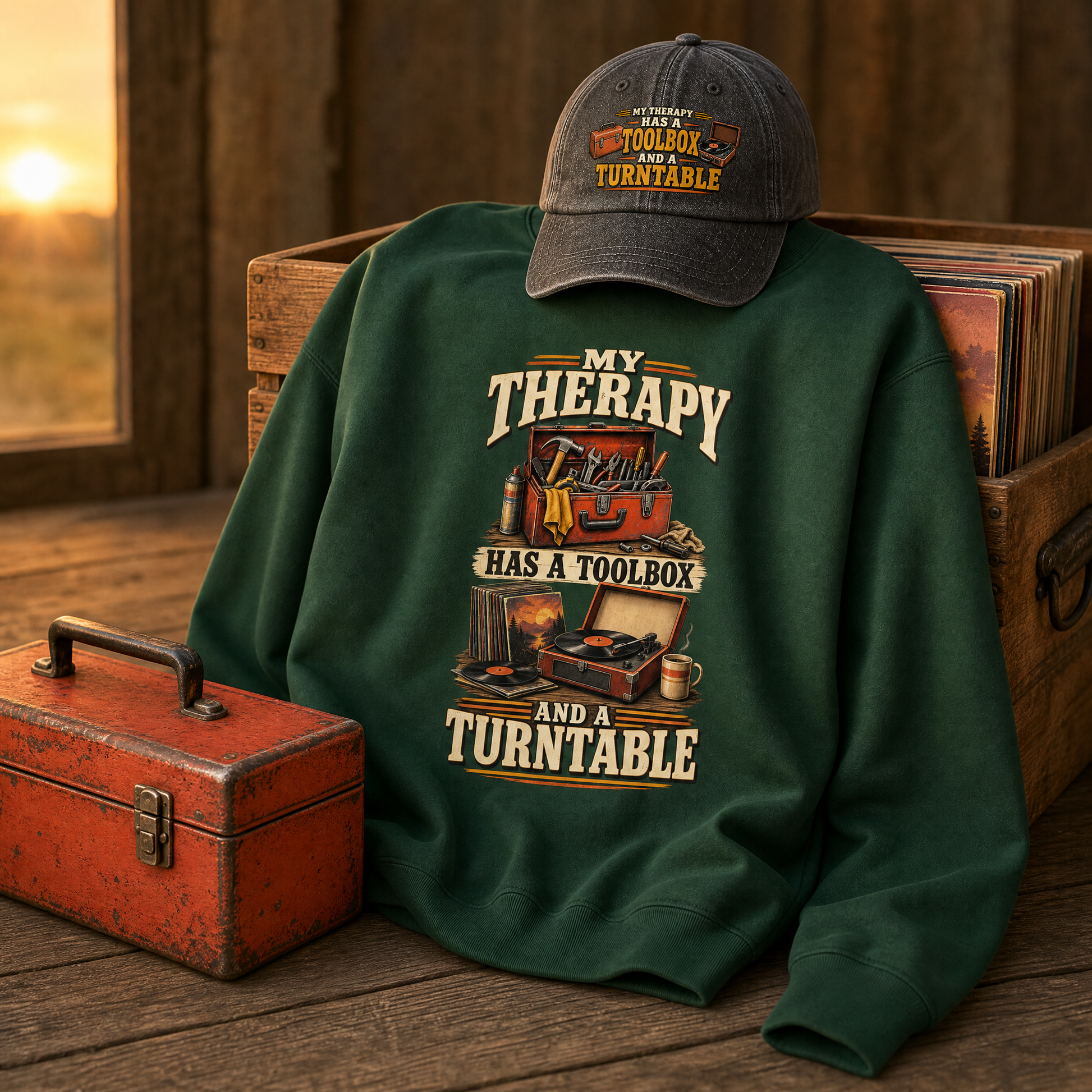 product-led shot with the "My Therapy Has A Toolbox And A Turntable" vintage sweatshirt and cap as the center of the frame draped over a wooden record crate, the fabric settling in natural folds, a soft shadow where it meets the wood, a toolbox resting level on the floor beside it