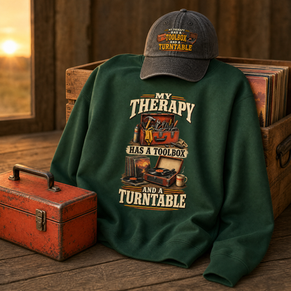 product-led shot with the "My Therapy Has A Toolbox And A Turntable" vintage sweatshirt and cap as the center of the frame draped over a wooden record crate, the fabric settling in natural folds, a soft shadow where it meets the wood, a toolbox resting level on the floor beside it