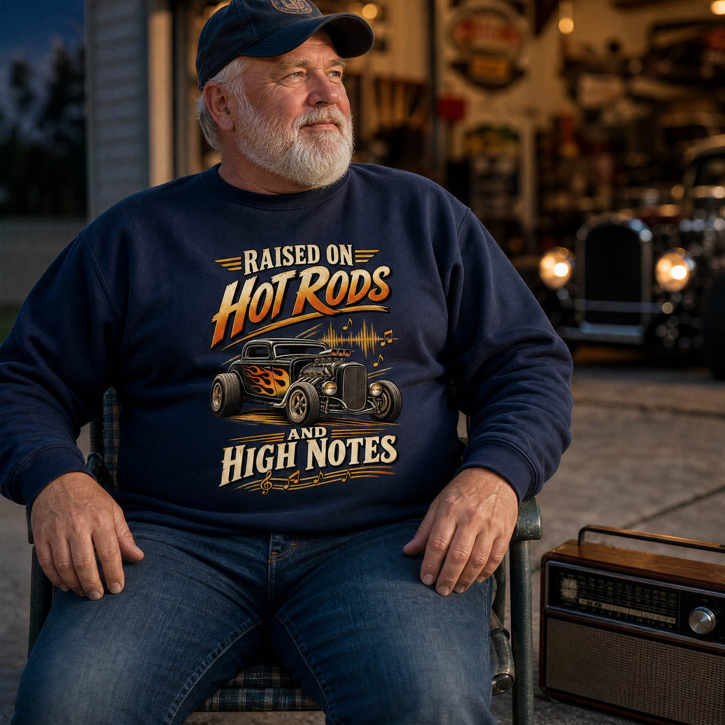 An older man wearing a navy blue crewneck sweatshirt with a hot rod graphic and the text 'RAISED ON HOT RODS AND HIGH NOTES', sitting in a garage setting.