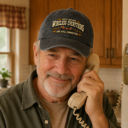 A smiling older man wearing a dark navy baseball cap with the text 'BULT BEFORE WIRELESS EVERYTHING AND STILL CONNECTING' holds a beige rotary telephone receiver in a warm, rustic kitchen setting.