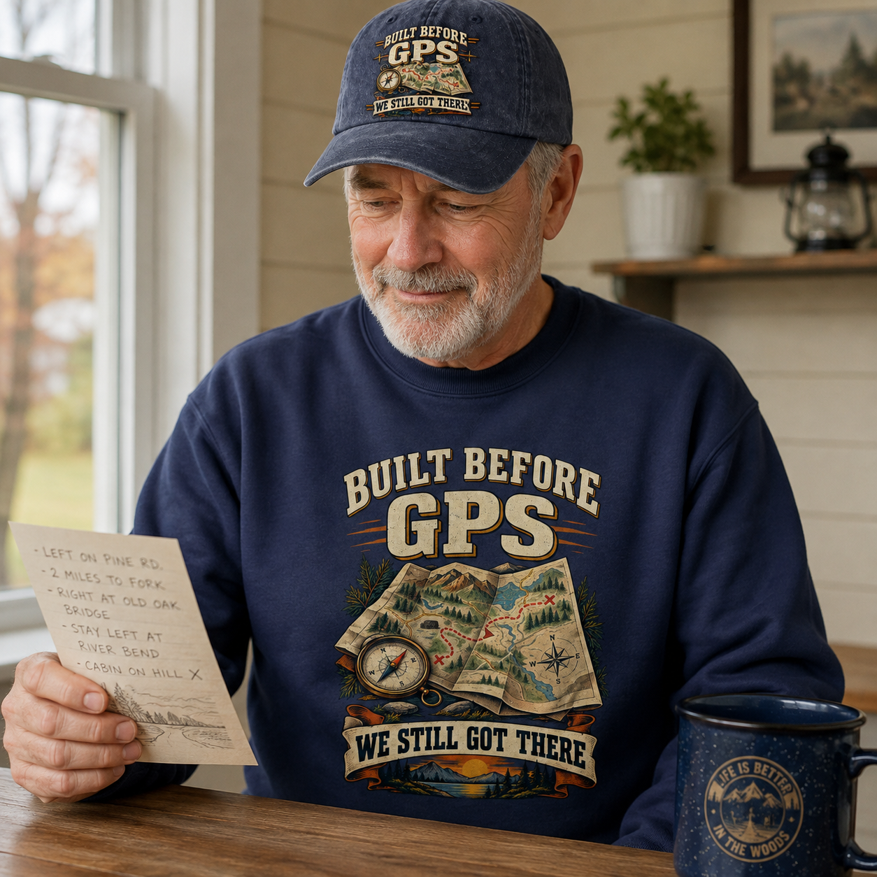believable older man around 62 with average build and a dry nostalgic smile wearing the "Built Before GPS We Still Got There" vintage sweatshirt and cap on a cool morning, looking at a handwritten directions note