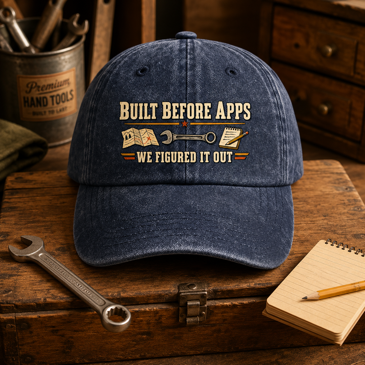 A blue distressed baseball cap with a vintage-style graphic reading 'BUILT BEFORE APPS WE FIGURED IT OUT' and tool illustrations, displayed on a wooden workbench with wrenches, a notebook, and a metal tin of hand tools.