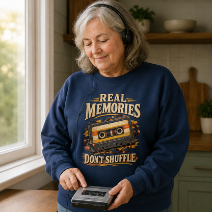 An older woman with gray hair and headphones stands in a kitchen-like interior, holding a cassette player and wearing a navy sweatshirt with a retro cassette graphic and the text 'REAL MEMORIES DON'T SHUFFLE'.