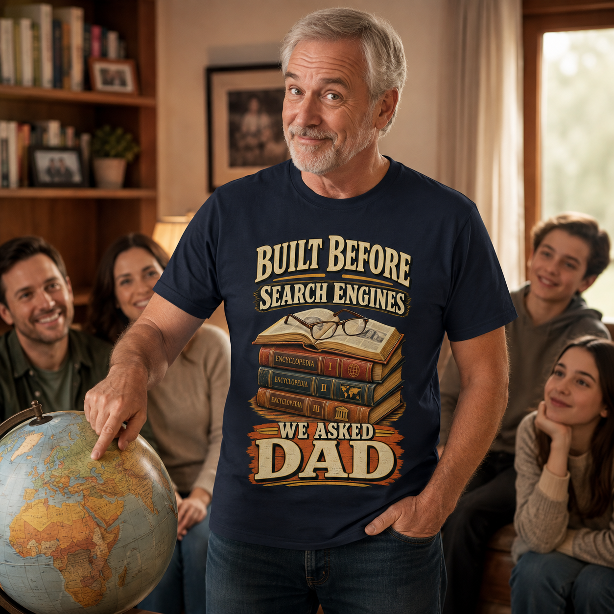 A man wearing a navy blue graphic t-shirt stands in a cozy living room setting, pointing to a globe. The t-shirt features a humorous design that reads 'BUILT BEFORE SEARCH ENGINES WE ASKED DAD' with an illustration of vintage books.