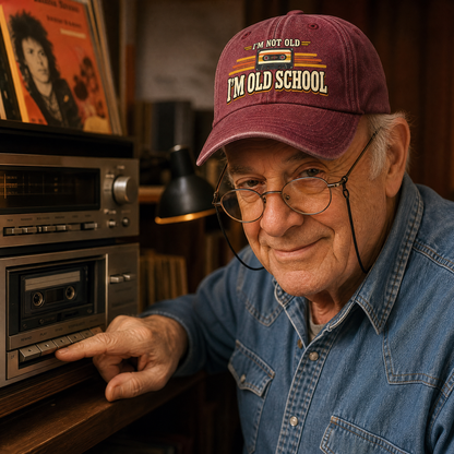 close-up shot of a believable older man in his late 60s, bald with gray side patches, heavy jowls, wire-rim glasses on a cord, wiry build, in a denim shirt, wearing the "I'm Not Old. I'm Old School" vintage washed cap, sitting on a stool by an old stereo, thumb pressing rewind on a cassette deck, listening for the small mechanical click
