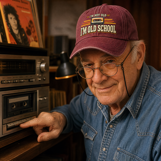 close-up shot of a believable older man in his late 60s, bald with gray side patches, heavy jowls, wire-rim glasses on a cord, wiry build, in a denim shirt, wearing the "I'm Not Old. I'm Old School" vintage washed cap, sitting on a stool by an old stereo, thumb pressing rewind on a cassette deck, listening for the small mechanical click