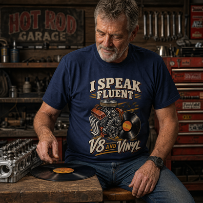 believable older man around 62 with weathered skin, gray stubble, and a work shirt wearing the "I Speak Fluent V8 And Vinyl" vintage t-shirt, sitting on a wooden stool at a workbench, placing a vinyl record flat on the bench next to an engine part
