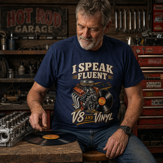believable older man around 62 with weathered skin, gray stubble, and a work shirt wearing the "I Speak Fluent V8 And Vinyl" vintage t-shirt, sitting on a wooden stool at a workbench, placing a vinyl record flat on the bench next to an engine part