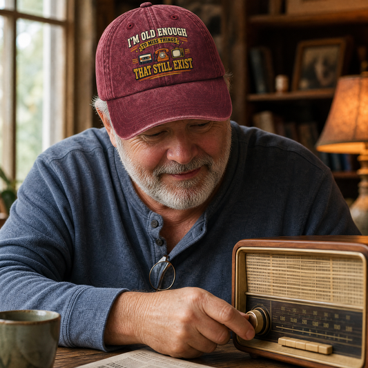 A man wearing a maroon baseball cap with the text 'I'M OLD ENOUGH TO BELIEVE THAT STILL EXIST' and '90.3 KISS ME' sits at a table, pointing at a vintage wooden radio.