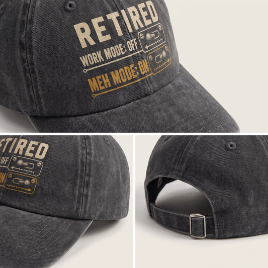 Charcoal cap detail collage showing printed Retired slider design and strap