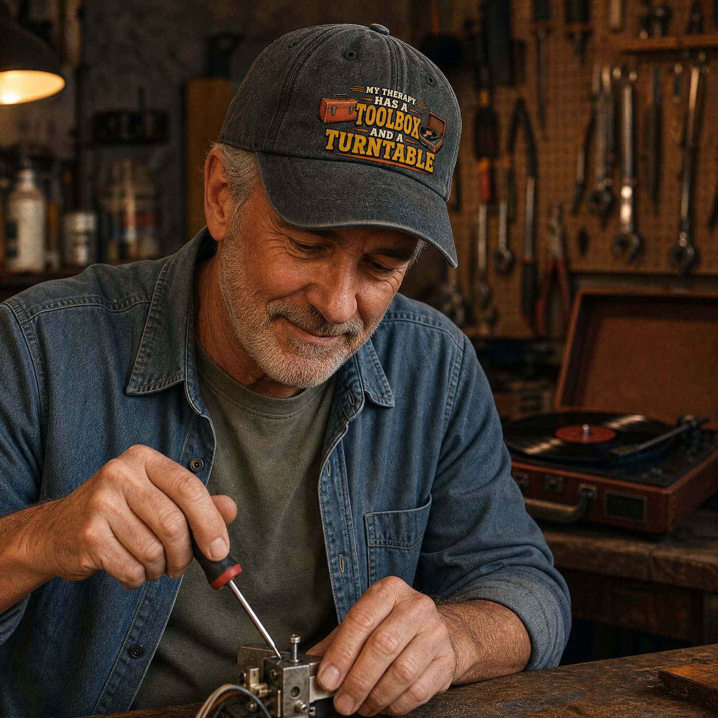 A man in a workshop wearing a dark gray baseball cap with the embroidered text 'MY FAVORITE TOOLBOX AND TURNTABLE' while working on a small mechanical part with a screwdriver.