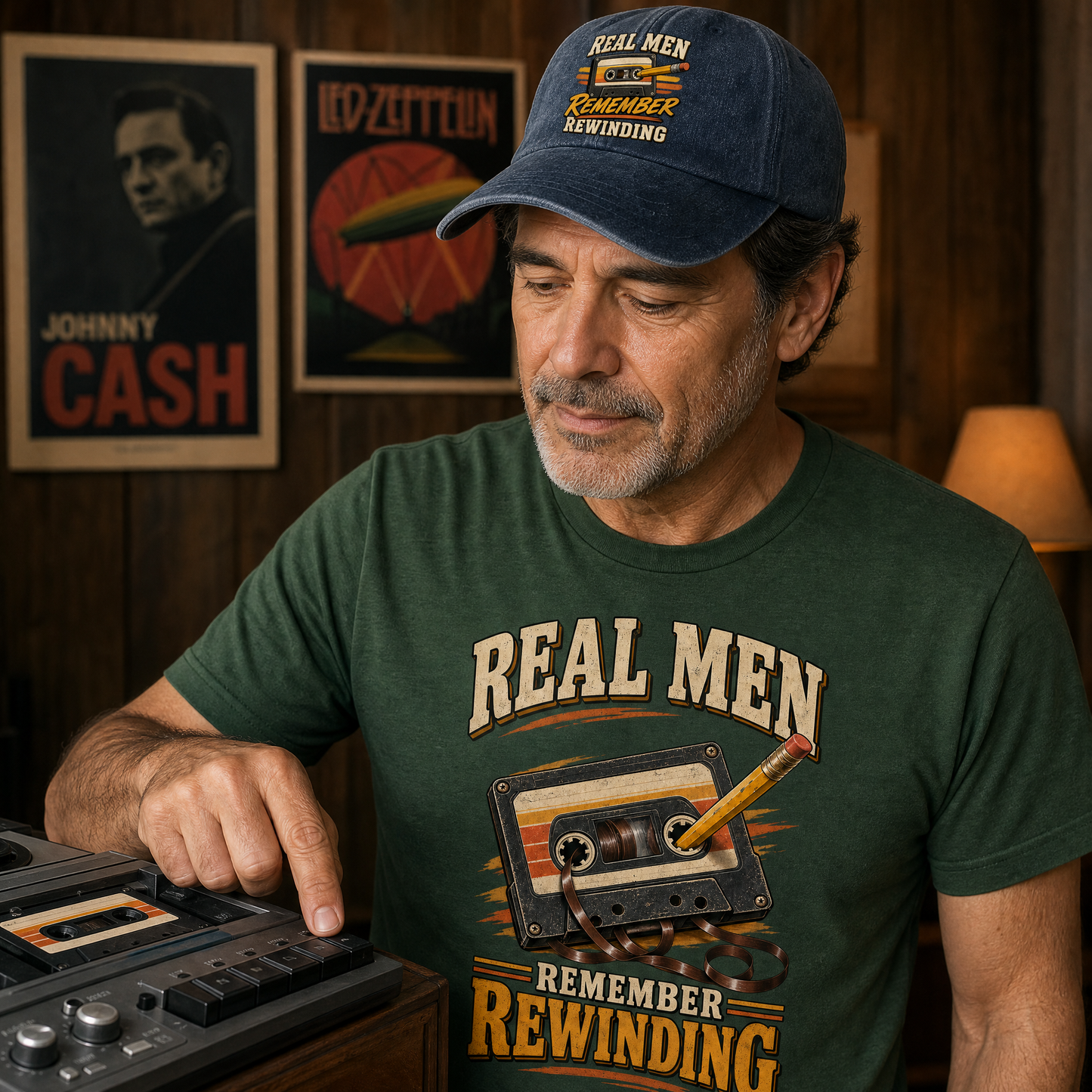 A man wearing a dark green graphic t-shirt and a navy blue baseball cap with 'REAL MEN REMEMBER REWINDING' printed on them, sitting in a dimly lit room with wood-paneled walls and vintage posters.