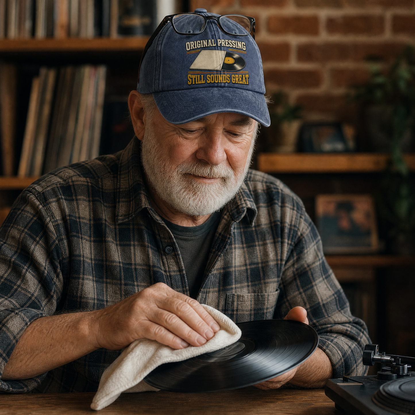 An older man with a gray beard wearing a blue baseball cap and a plaid shirt sits at a wooden table, wiping a black vinyl record with a cloth. A turntable is partially visible on the right, and shelves with records and a brick wall are in the background.