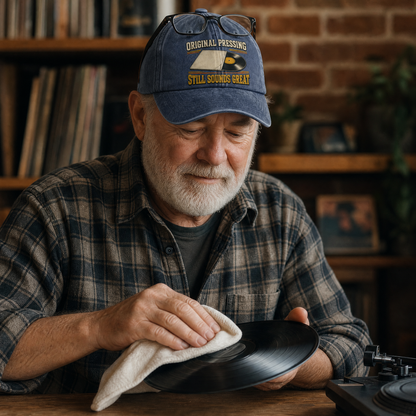 An older man with a gray beard wearing a blue baseball cap and a plaid shirt sits at a wooden table, wiping a black vinyl record with a cloth. A turntable is partially visible on the right, and shelves with records and a brick wall are in the background.