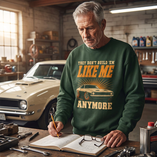 Garage scene with green sweatshirt showing printed Like Me car design
