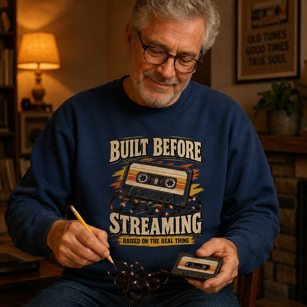 A man wearing a navy blue graphic sweatshirt sits in a warmly lit living room. The sweatshirt features a retro cassette tape design with the text 'BUILT BEFORE STREAMING RAISED ON THE REAL THING'.