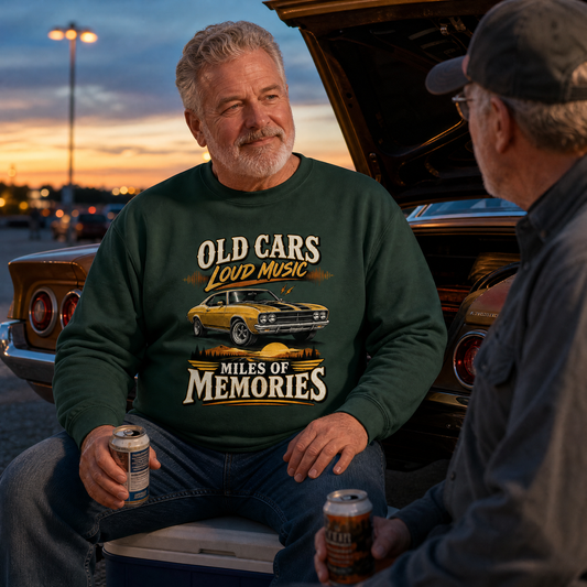 A man wearing a dark green crewneck sweatshirt with a graphic of a yellow muscle car and the text 'OLD CARS LOUD MUSIC MILES OF MEMORIES' sits in front of the open trunk of a classic car, holding a beer can in a outdoor setting at sunset.