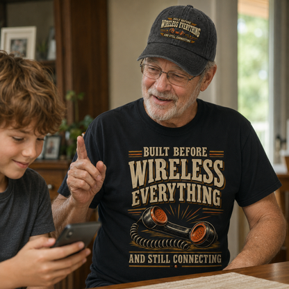An older man wearing a black graphic t-shirt and a matching baseball cap sits at a table with a young boy looking at a phone. The man's shirt features the text 'BUILT BEFORE WIRELESS EVERYTHING AND STILL CONNECTING' with a vintage telephone graphic.